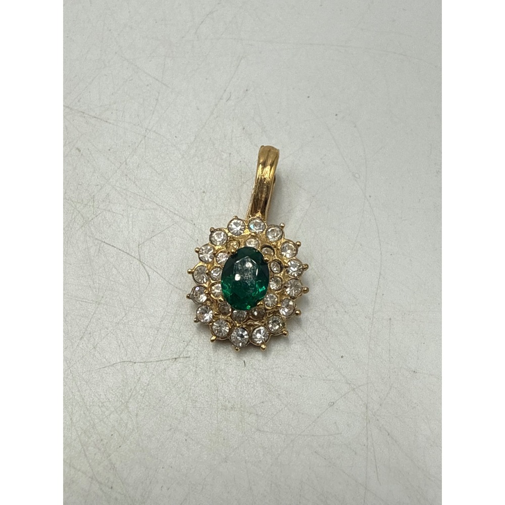 Roman Vintage Gold Tone Faux Emerald and Rhinestone Enhancer Pendant
